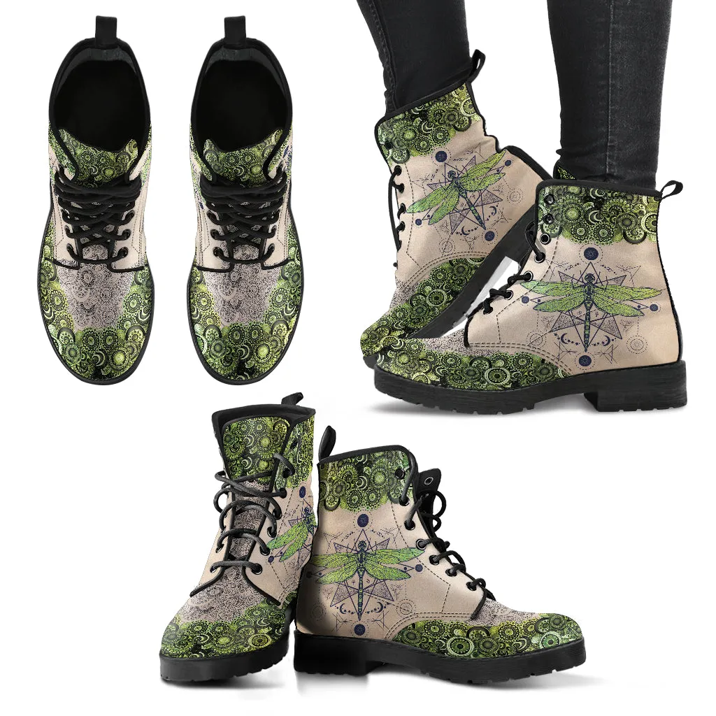 Combat Boots for Women - Green Dragonfly Handcrafted Boots | Unique Custom Faux Leather Shoes, Cruelty-free Vegan Handmade Lace Up