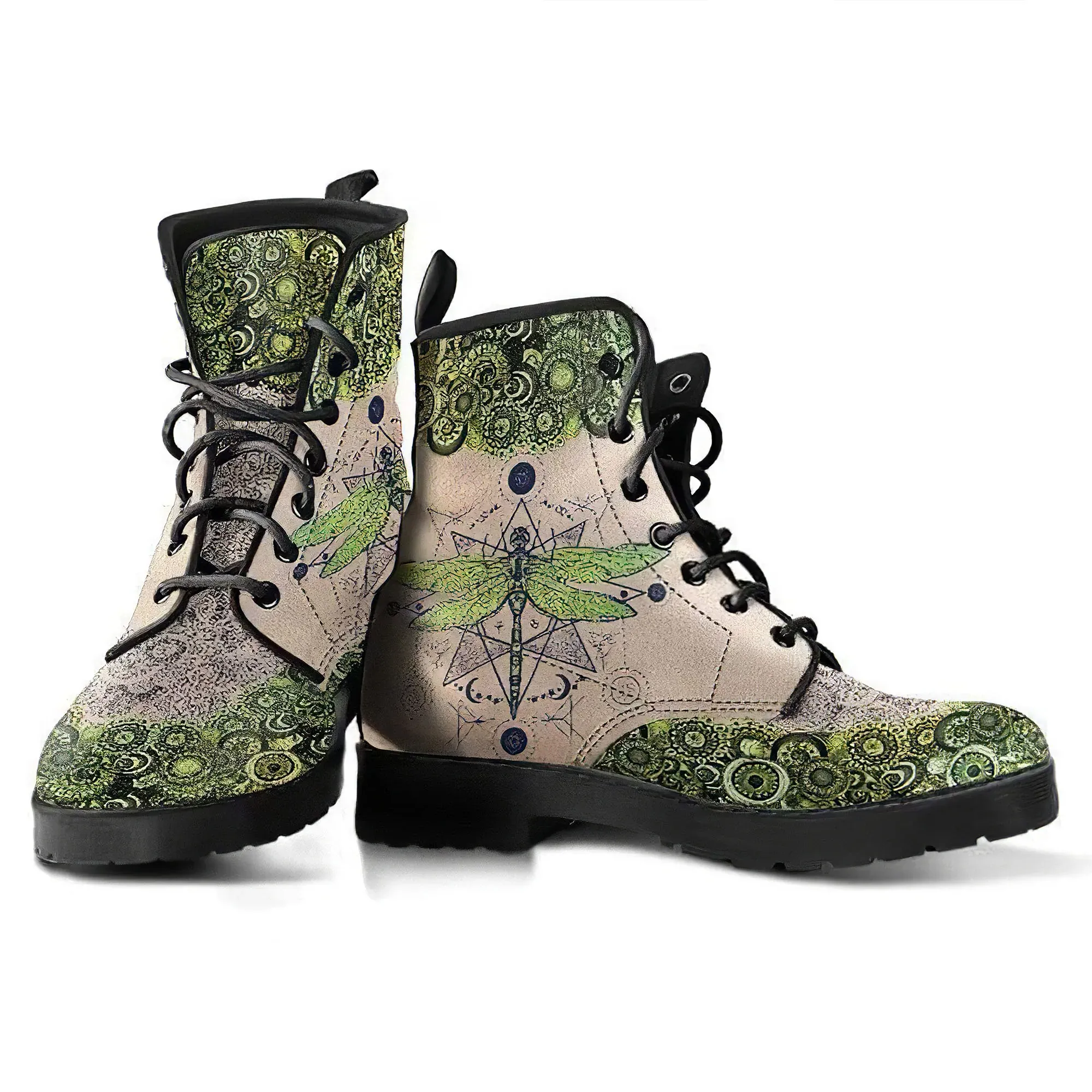 Combat Boots for Women - Green Dragonfly Handcrafted Boots | Unique Custom Faux Leather Shoes, Cruelty-free Vegan Handmade Lace Up