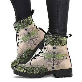 Combat Boots for Women - Green Dragonfly Handcrafted Boots | Unique Custom Faux Leather Shoes, Cruelty-free Vegan Handmade Lace Up