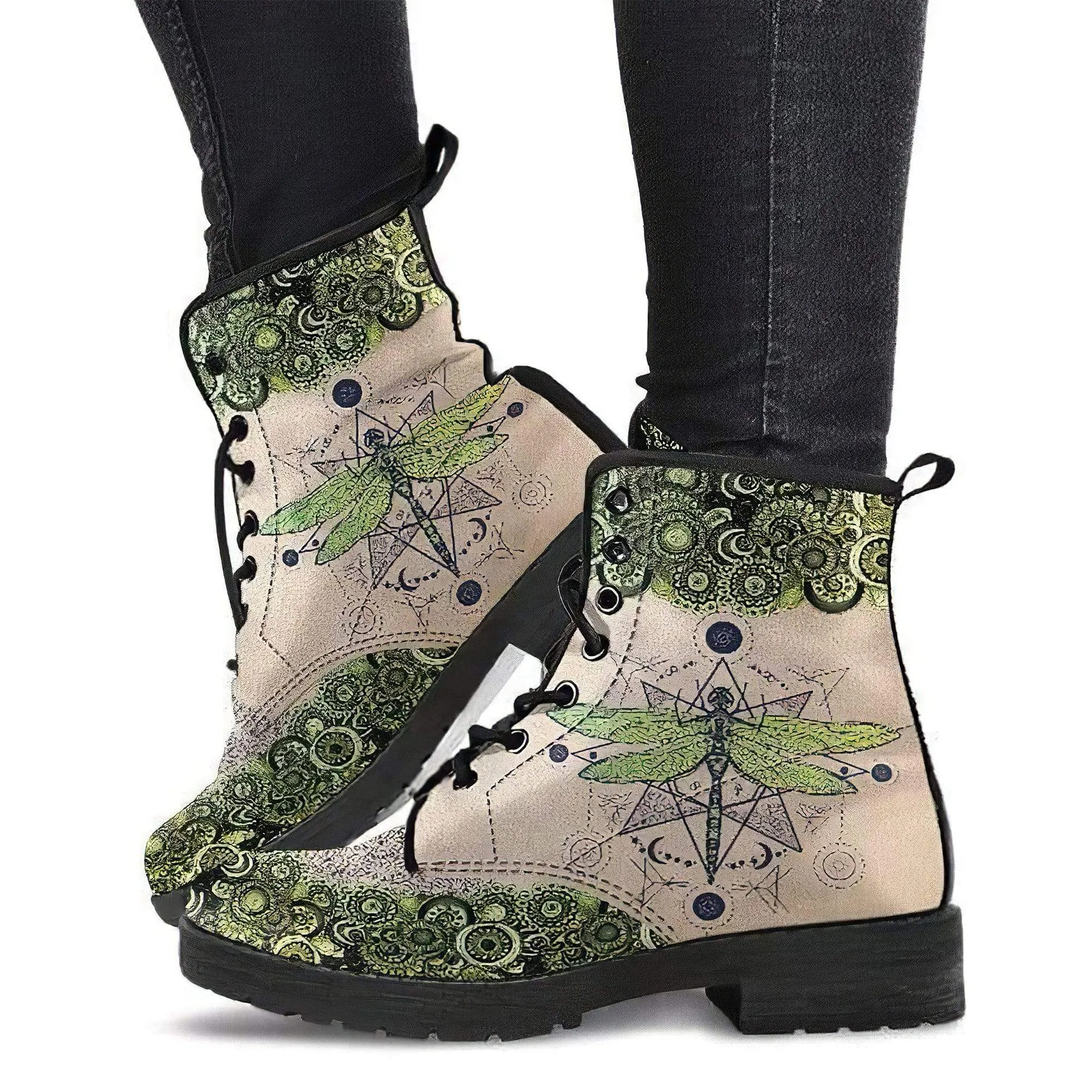 Combat Boots for Women - Green Dragonfly Handcrafted Boots | Unique Custom Faux Leather Shoes, Cruelty-free Vegan Handmade Lace Up