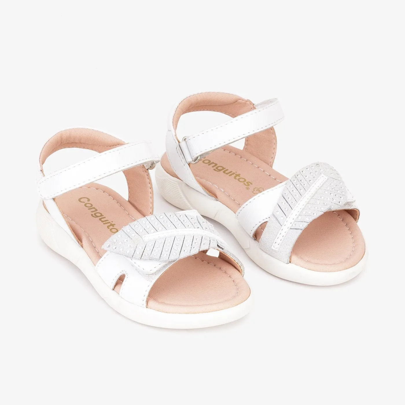 Girl's White Leaf Leather Sandals