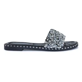 TARRAGON1 DIAMANTE GLITTER FLAT SANDAL MULE
