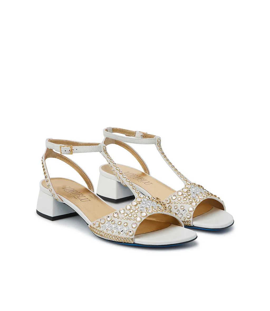 White suede and nappa leather jewel sandal