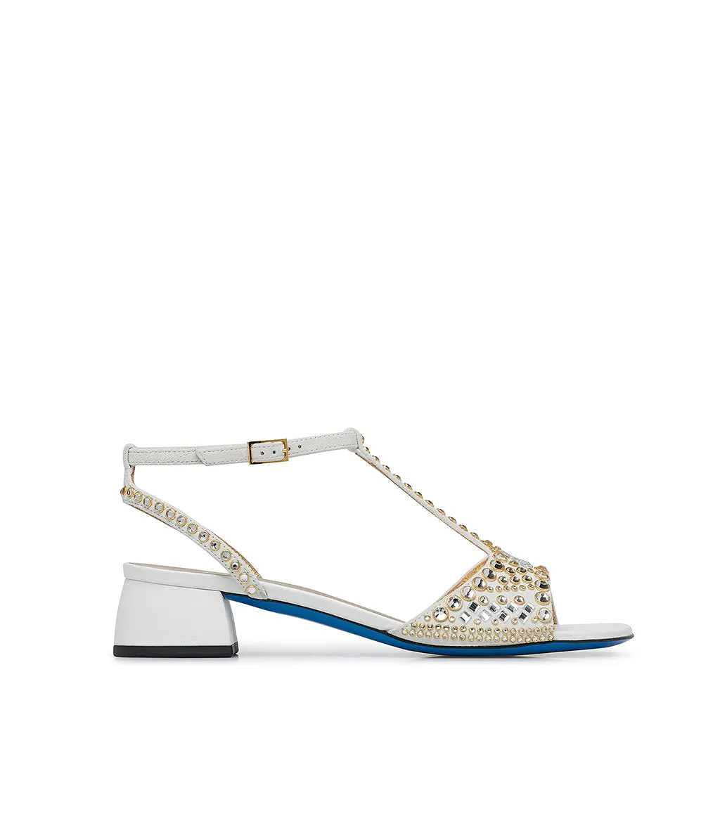 White suede and nappa leather jewel sandal