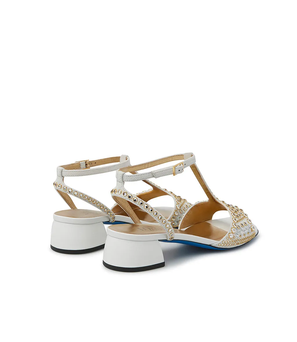 White suede and nappa leather jewel sandal