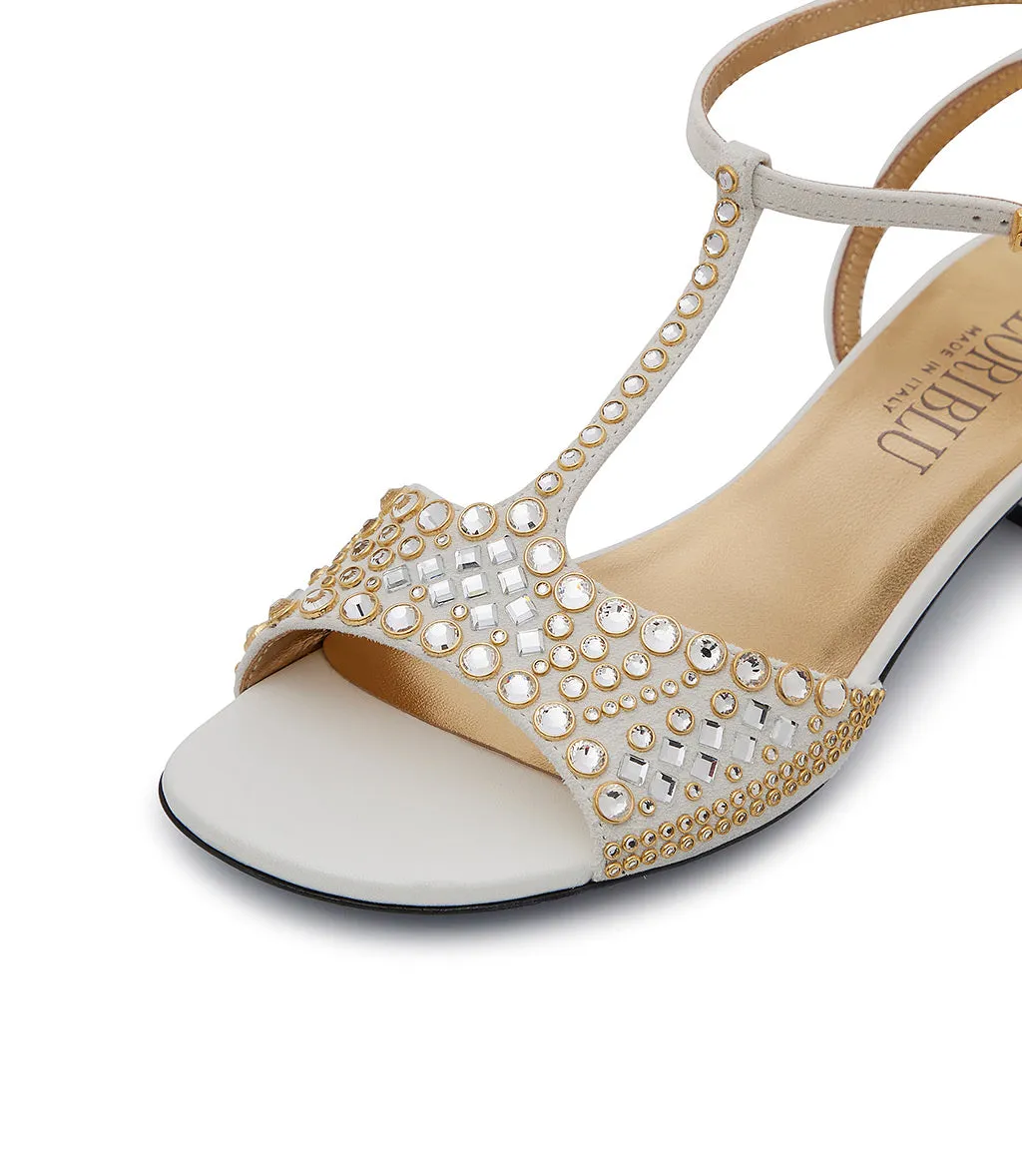 White suede and nappa leather jewel sandal